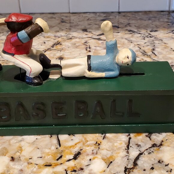 Cast Iron Baseball Mechnical Coin Bank VTG 'SAFE Base Slide ' Collectible VIDEO - Picture 3 of 10